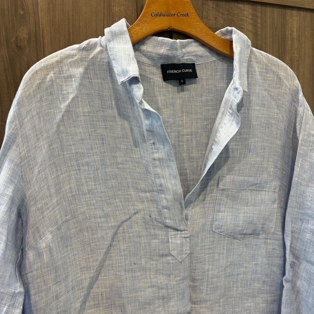 French Curve Linen shirt dress Small Tunic Cover up Blue Long Roll Tab Sleeves - Picture 5 of 12